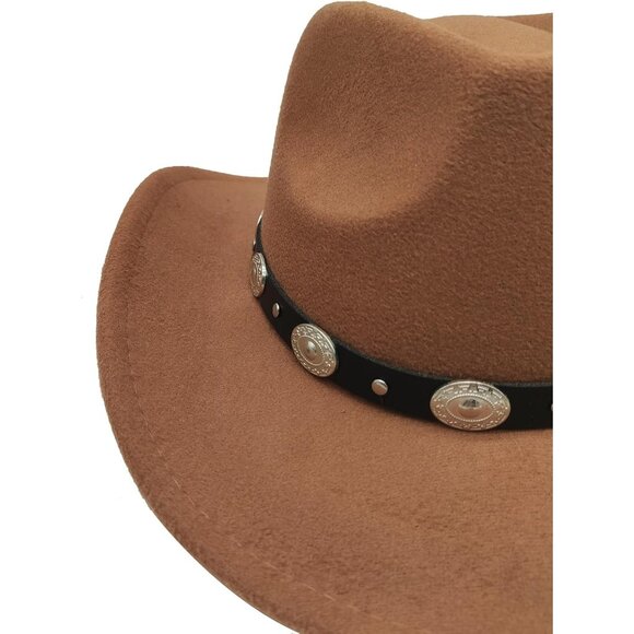 🆕 Men Khaki Cowboy Hat Western Felt Fedora Chapeau Halloween Costume Belt Wicks - Picture 5 of 7
